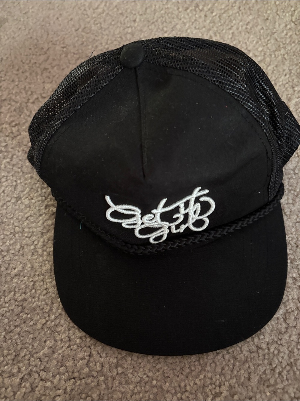 Get it girl- Black Mesh Trucker Cap with White Script Embroidery